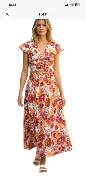 Japna Floral 2 Piece Crop Top Midi Skirt Set Women SM Boho Tropical Feminine Fun thumbnail 2