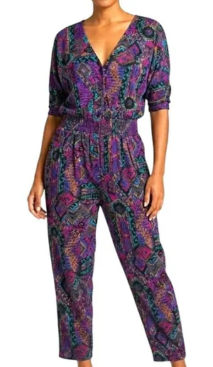 VTG En Focus Geometric Jumpsuit Purple L Rayon Southwestern Boho 90s USA Made thumbnail 1