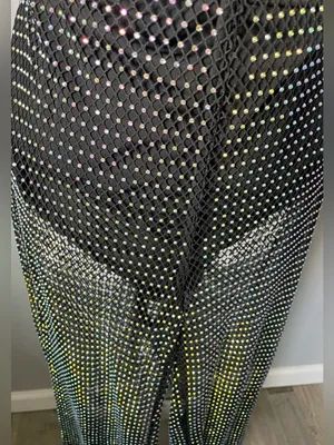 PRIVY Black Sheer Mesh Wide Leg Pants Rhinestone Crystal Fishnet thumbnail 5