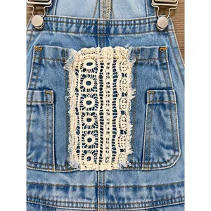 POL Light Wash Denim Overalls Size M Crochet Lace Wide Leg Boho thumbnail 11