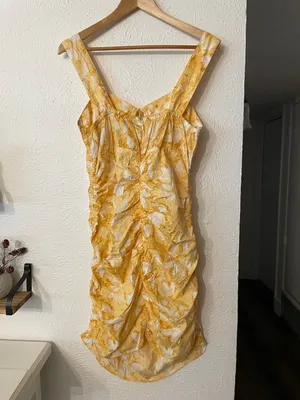 NWT Anthropologie Louna Yellow Floral Print Tie-Front Ruched Mini Dress Large thumbnail 7