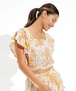 American Eagle Floral Square Neck Smocked Blouse thumbnail 1