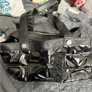 DKNY Black Patent Leather Large Zip Tote Shoulder Bag Work Travel Purse thumbnail 1