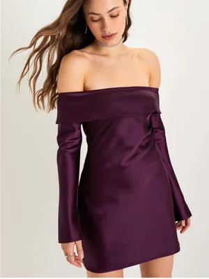 Lulus Luxurious Vision Plum Purple Satin Off-the-Shoulder Mini Dress thumbnail 1