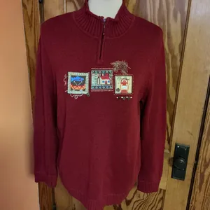 Y2K Kitschy Embroidered Sweater Cottagecore Cabin Lantern Fish Motif Zip Neck thumbnail 6