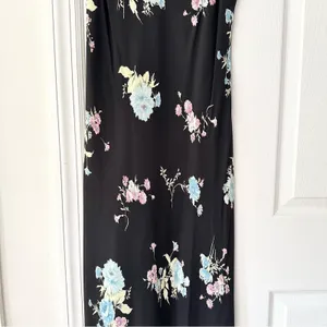 Evan Picone Black Floral 90s V Neck Flutter Sleeve Midi Sun Dress 10P Lined thumbnail 6