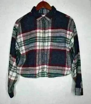 American Eagle Cropped button down flannel‎ shirt plaid Sz M Size M thumbnail 1