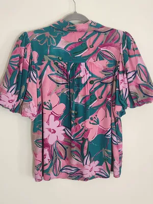 Entro Pink and Teal Green Tropical Print Puffy Sleeve Blouse Size Large thumbnail 3