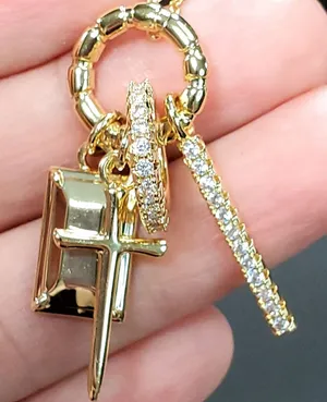 Gold Tone Religion Cross Spiritual Necklace 10" Dangle Charm thumbnail 1