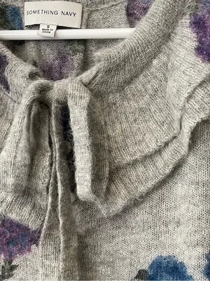 Something Navy Gray Floral Ruffle Tie-Front Sweater thumbnail 6