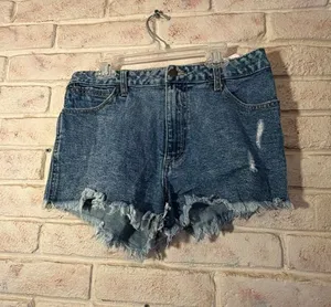 Wrangler Women's High Rise Medium Wash Frayed Jean Shorts Dark Blue Size 29 thumbnail 1