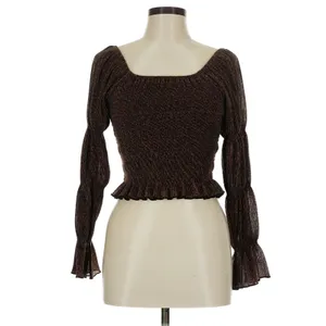 Metallic Brown Smocked Square Neck Bell Sleeve Crop Top Y2K Party Going Out Top thumbnail 3