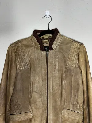 Black Rivet Woman’s Vintage Tan‎ Leather Elbow Patches Zipper Wrists Jacket thumbnail 3
