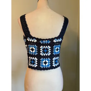 Sincerely Jules Y2K Crochet Granny Square Crop Top Navy Blue White boho small boho whimsigoth re thumbnail 3