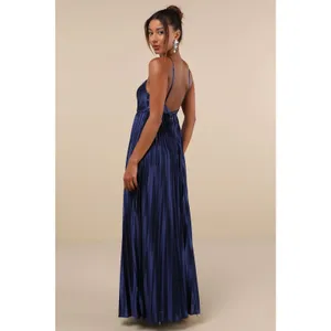 NWT Lulus Elaborate Charm Navy Blue Satin Pleated Backless Maxi Dress Gala Sz XL thumbnail 3
