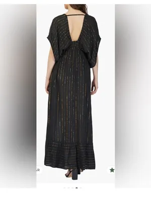 Black Maxi Dress with Gold Metallic Stripe and Side Slit thumbnail 4