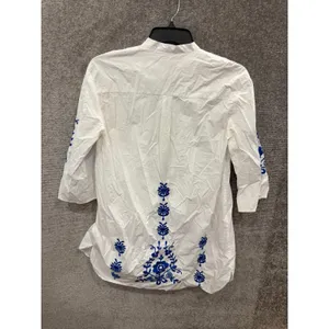 Zara Women Tunic Top XS White Blue Floral Embroidered Boho 3/4 Sleeve thumbnail 9