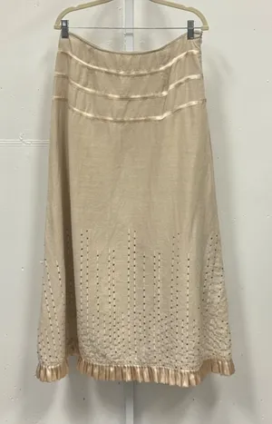 Essence Tan Sequin Ruffle Hem Midi Skirt Satin Trim Size 30 Neutral Boho Chic thumbnail 1