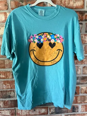 Comfort Colors Turquoise Smiley Face Tee with Floral Crown thumbnail 1