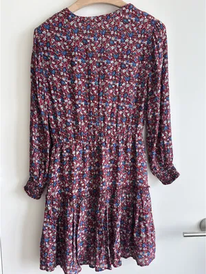 Lucky Brand Floral Mini Dress Burgundy Blue Boho Long Sleeve Size M thumbnail 6