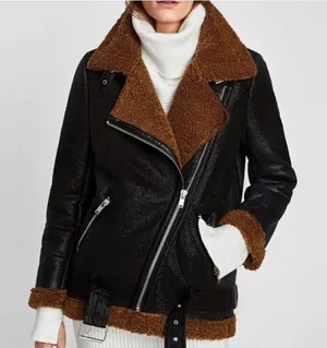 ZARA Woman Shearling Moto Black Jacket Size:‎ XS thumbnail 1