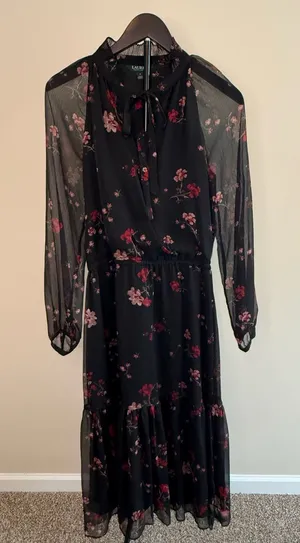Lauren Ralph Lauren‎ Black Floral Print Crinkle Georgette Midi Dress thumbnail 1