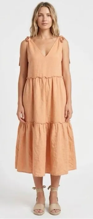 Petal + Pup Linen Blend Tiered Midi Dress Size 4 Apricot thumbnail 1