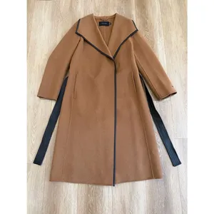Tahari Wool Blend Faux Leather Trim Belted Coat Caramel Size Medium thumbnail 7