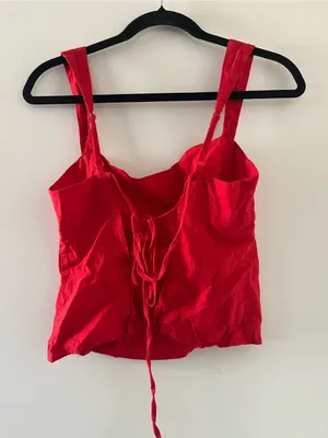 Red 100% Cotton Corset Crop Top Large Lace Up Back Euro Summer Coastal thumbnail 4