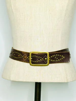 Western Brass Studded Belt, Brown Faux Leather with Studded Design thumbnail 2