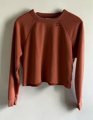 Aerie Women XS Terracotta Rust Distressed Cropped Raglan Crewneck Sweatshirt thumbnail 1