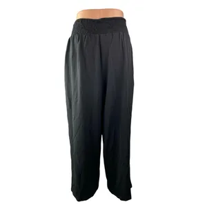 Women's Black Smocked Elastic High Waist Pleated Tapered Leg Trousers Pants Sz L thumbnail 2