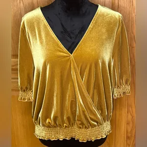 Madewell Velvet Smocked Crossover Wrap-Style Top Blouse in‎ Antique Gold Size XL thumbnail 5