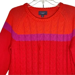 VTG Lands’ End Drifter Cotton Sweater L Red Orange Pink Colorblock Cable Knit thumbnail 5