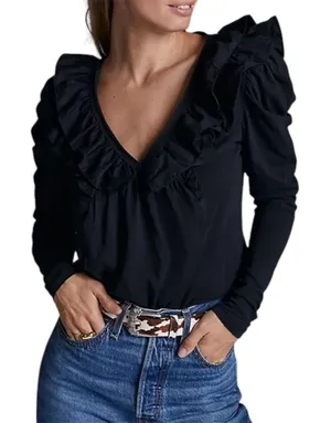Anthropologie Black Ruffle V-Neck Puff Sleeve Knit Top Small Boho Romantic thumbnail 1