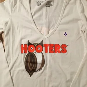 B71 #8 Hooters Girl Worn Uniform Super Sexy V-Neck Long Sleeve Shirt Size Small thumbnail 3