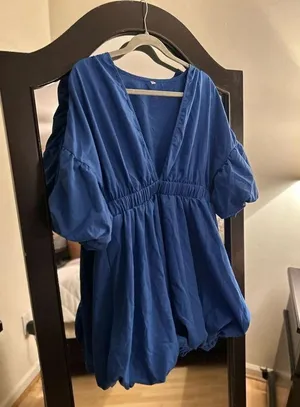 NEW Deep V Neck Puff Sleeve High Rise Flare Dress Elastic Waist L thumbnail 1