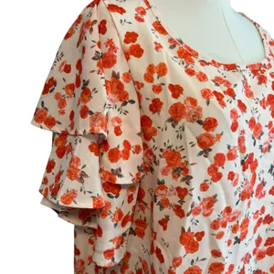 Floral Top XL Cream Orange Short Sleeve Flutter Soft Silk Coquette Feminine Boho thumbnail 3