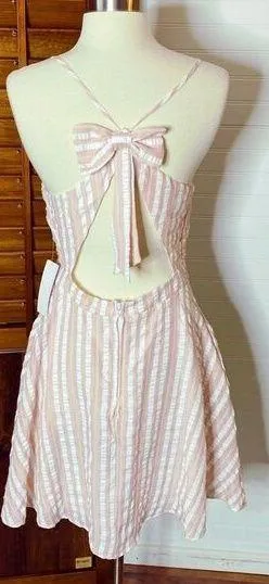 City Vibe Stripe Bow Fit & Flare Pink Dress thumbnail 2