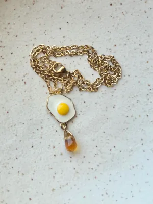 Handmade Kawaii funny funky sunny side up egg & amber color teardrop bead necklace 🍳💛 thumbnail 4