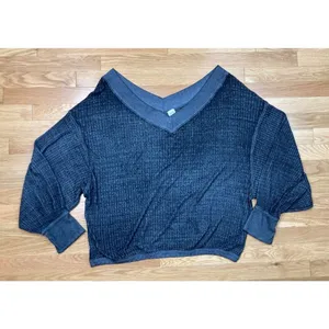 We The Free Oversized Waffle Knit Top Womens L Grey V-Neck Long Sleeve Casual thumbnail 2