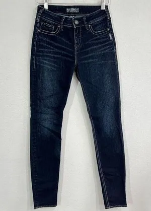 Silver Jeans Stevie Jeans Women's 27x31 Fit 30 Tapered Skinny Stretch Wisker Dark Wash thumbnail 1