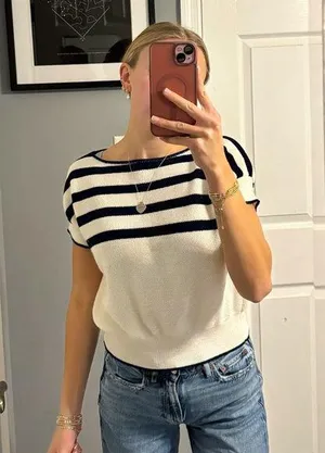 Vintage White & Navy Blue Stripe Sweater Top thumbnail 1