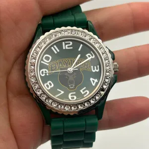 Green Baylor Bears Silicone Watch featuring a Rhinestone Bezel Working thumbnail 6