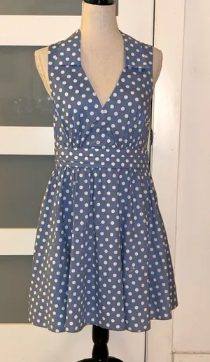 Bailey blue vintage-style short dress with white polka dot print on a light blue background. XL thumbnail 1