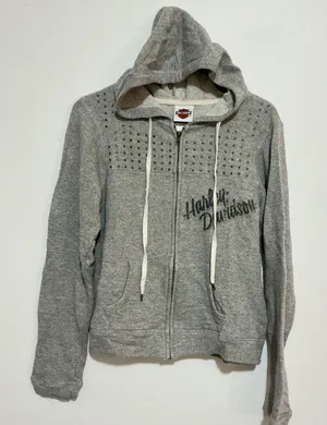 Harley Davidson Studded Zip Up‎ Hoodie Jacket Womens Small Grey Smokin Chicago thumbnail 1