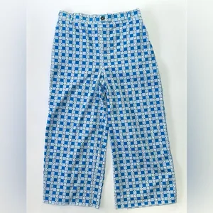 Wild fable pull on wide leg high rise pants retro blue white check with flowers thumbnail 1
