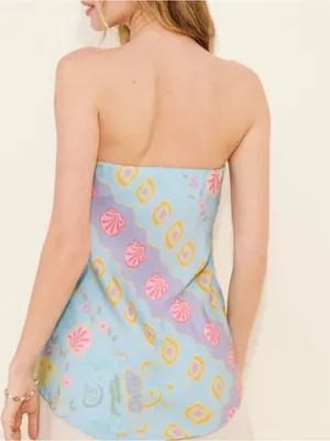 SPELL Aquarius‎ Top in Blue Seashell Print Strapless Asymmetrical Hem Festival thumbnail 2
