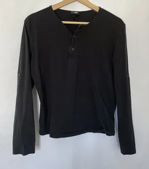 H&M women's Black Long-Sleeve‎ Henley Shirt With Button Tab Sleeves Size M thumbnail 1
