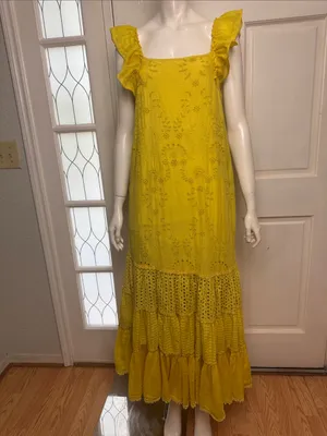 Payal Jain BOHO Yellow Eyelet Floral Lace by Anthropologie Maxi Dress Dz 2 thumbnail 3